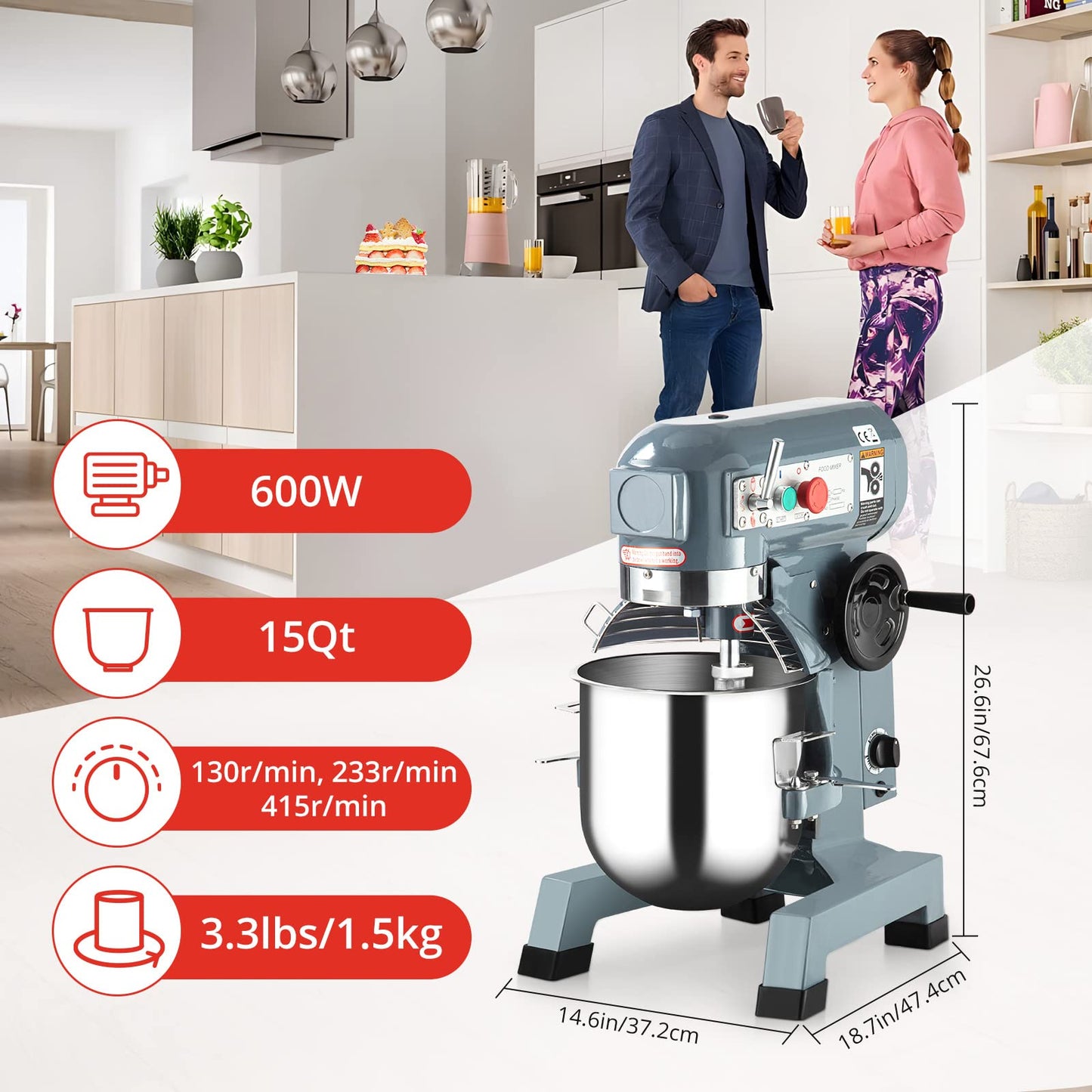 15 QT Commercial Food Mixer - Powerful 600W Motor, 3 Speeds, Stainless Steel Bowl & Attachments - Perfect for Bakeries, and Commercial Kitchens - Reliable Performance with Safety Guard