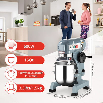 15 QT Commercial Food Mixer - Powerful 600W Motor, 3 Speeds, Stainless Steel Bowl & Attachments - Perfect for Bakeries, and Commercial Kitchens - Reliable Performance with Safety Guard