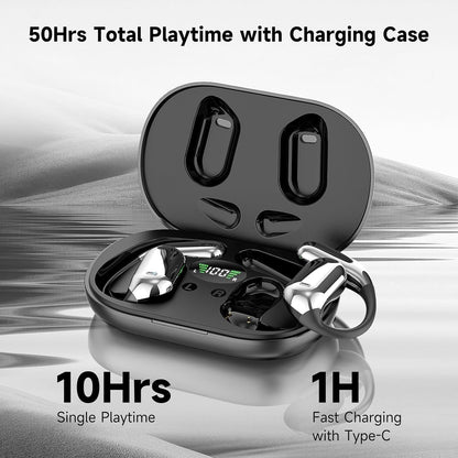 Open Ear Clip Wireless Earbuds Bone Conduction Headphones, Bluetooth 5.4，Built-in Mic, IPX7 Waterproof, LED Display Charging Case,Ear Hooks Ear Buds, Design for Running/Fitness/Office/Sport
