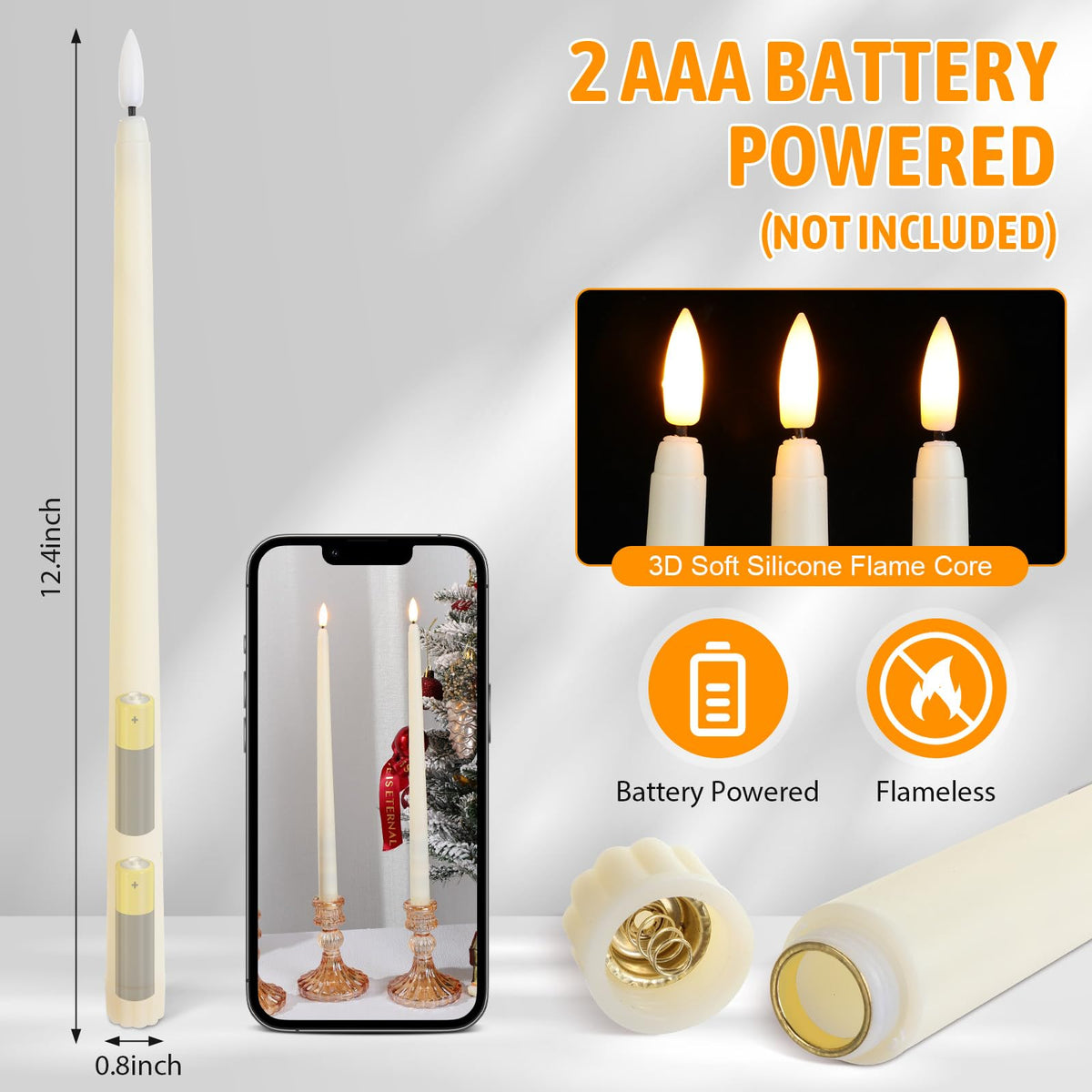 Baquler 50 Pcs Flameless Taper Candles Battery Operated Bulk 12.4 Ivory LED Taper Candles Flickering LED Candlesticks for Wedding Advent Halloween Christmas Party Decor