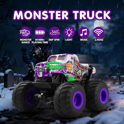 DYODYORC Remote Control Car 2.4Ghz All Terrain Monster Truck Toys RC Truck with Music 3 Lighting Effects 360 Stunt Capable 2 Batteries Ready to Run Toy Gifts for Boys and Girls (Purple)