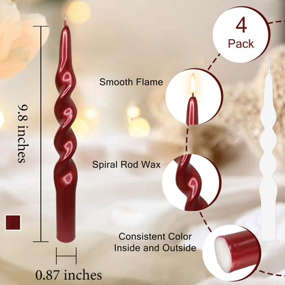 Christmas Spiral Candles Metallic Red Taper Candles -10 in Unscented Candlestick for Winter Gift Holiday Christmas Home Decoration Candles, 4 Pack