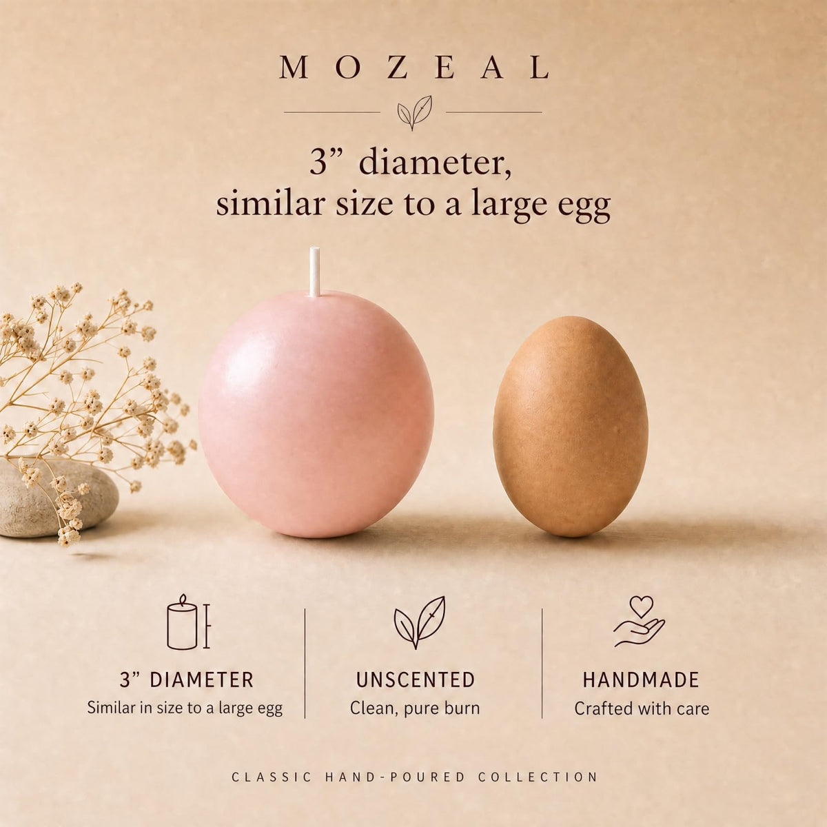 MOZEAL Hand-Poured, 3 Inch Pearl Blush Round Ball Candles - Elegant Pearl Blush Round Pillar Candles Set of 3, Dripless, Unscented, Smokeless, Ideal for Weddings and Elegant Celebrations.