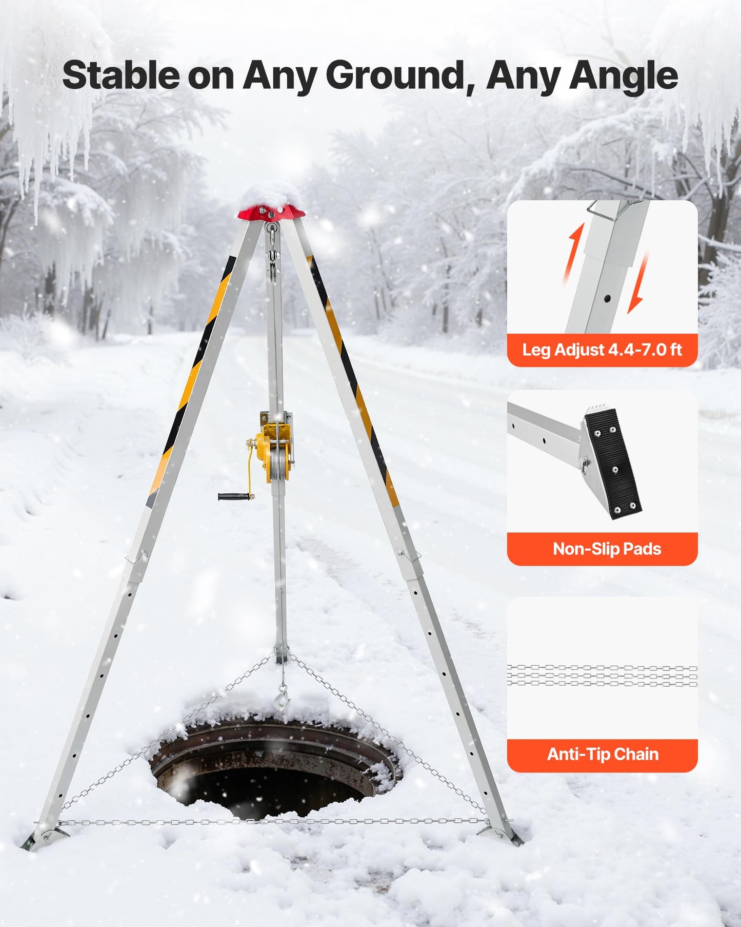 VEVOR Confined Space Tripod Kit, Heavy Duty Rescue Tripod Lifting Hoist 1200 lbs Winch, 4.1 ft Adjustable Legs, 65 ft Cable Portable Kit, 32.8 ft Fall Protection, 4.40-7.05 ft Working Height