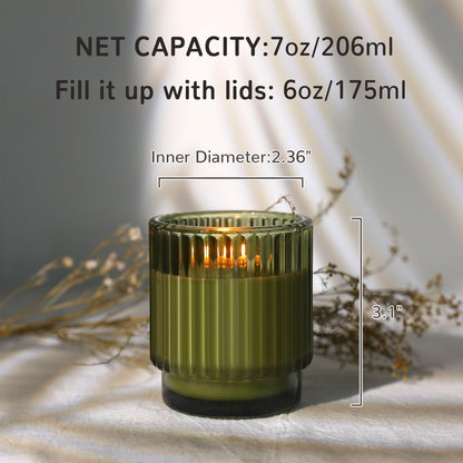 DEVI 7oz Empty Green Ribbed Glass Candle Jars - Set of 8, Glass Candle Containers with Bamboo Lids, Bulk Supplies for Gifts & Wedding Decorations