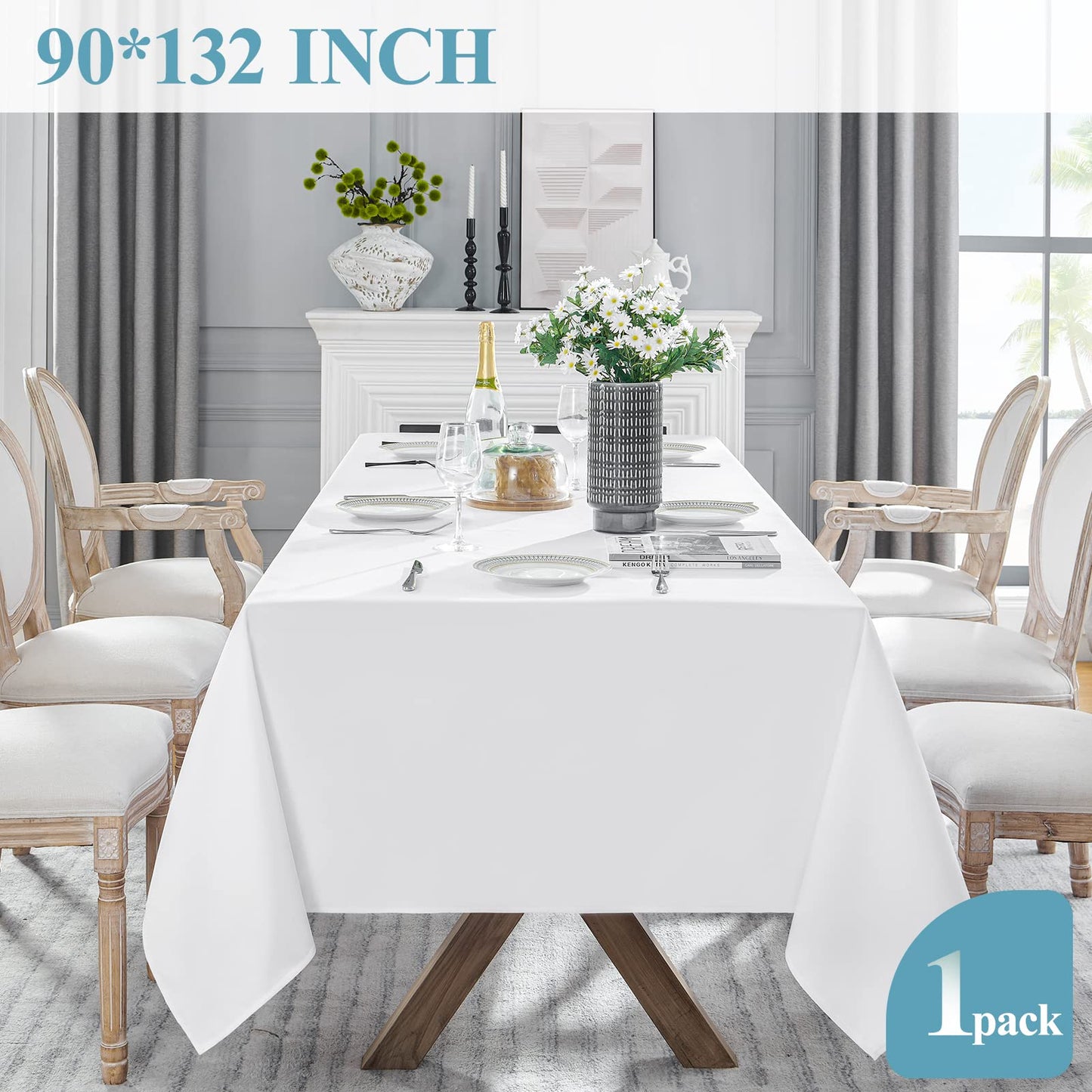 VidaFete 1 Pack Tablecloth 90 * 132inch Rectangle Table Cloth Polyester, Stain Wrinkle Resistant Polyester Dining Table Cover for Kitchen Dinning Party Wedding Tabletop Buffet Decoration(White)