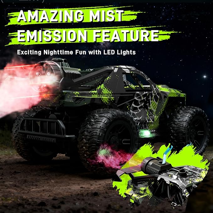 1:18 RC Monster Truck for Boys Kids 4-7-8-12 All-Terrain Off-Road Remote Control Car with LED Lights &amp Spray 40 Min Playtime 2.4GHz Fast Response Graffiti Jeep Toy Easter Gift RC Car for Kids