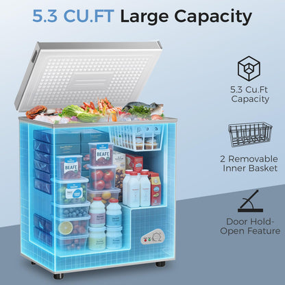 OSTBA 5.3 Cu.Ft Chest Freezer, Large Capacity Deep Freezer with 2 Removable Baskets, Bottom Wheels, 6-Level Temperature Control with Fast Freeze Mode, Energy Saving Quiet Freezer, Silver