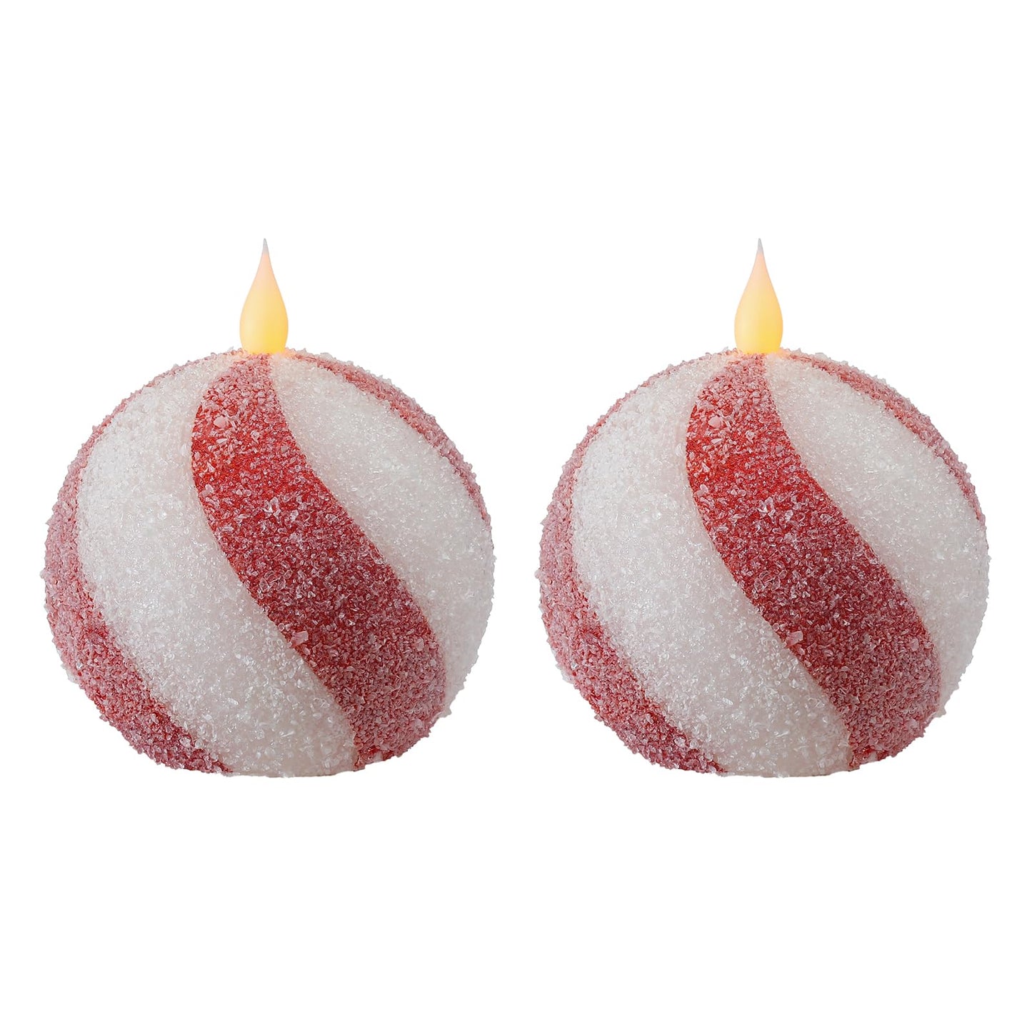 Christmas Sphere Candy-Cane Flameless Candles - Glitter Red&White Real Wax Flickering Ball Candles Battery Operated with Remote, Candy Cane Christmas Decorations, Xmas Tables Centerpieces Decor, 2PCS