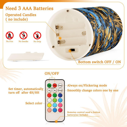 ALAZA Gold Navy Blue Floral01 Flickering Flameless Candles Battery Operated with Remote Timer,Tea Light Candles LED Pillar Votive Candles Set of 2 for Outdoor Indoor Decorations