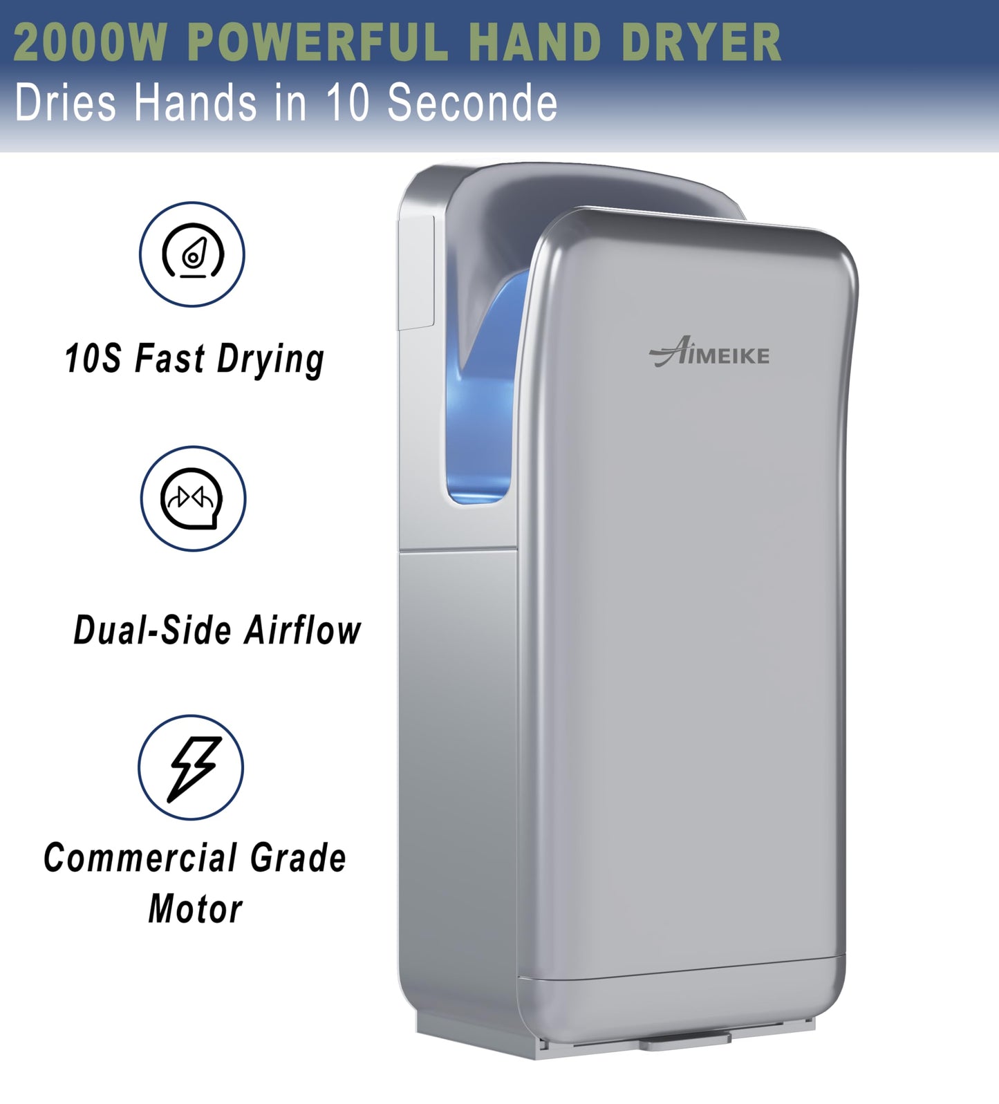 AIMEIKE Commercial Hand Dryer, Vertical High-Speed Electric Hand Dryer for Bathrooms, Automatic Touchless Hands-in Hand Dryer for Large Public Restrooms, Offices, Hotels, Schools, Silver