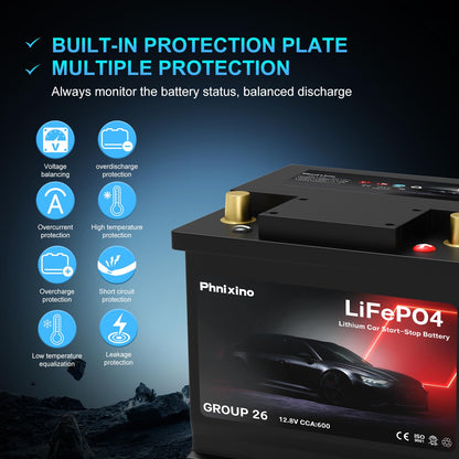 Lithium Car Battery 12V Group 26 Start and Stop, 512WH 600CCA LiFePO4 Automotive Battery For Car, Dimensions 8.14" L x 6.88" W x 7.08" H