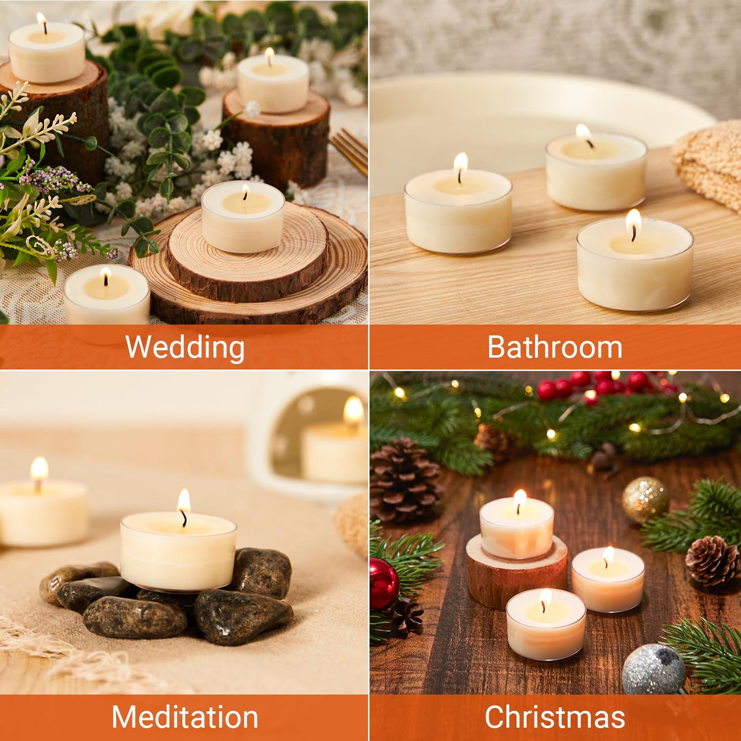 Crenovo Tea Lights Candles 50 Pack, Natural Soy Wax Tealights Candles Bulk 6 Hours Non-Toxic, Long Burning, Unscented Small Votive Cup Candles for Wedding, Party, Dinner, Emergency