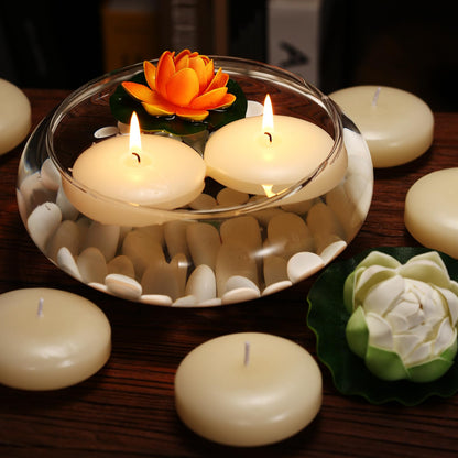 qinxiang 12 Pack Floating Candles, 3” Ivory Unscented Dripless Wax Burning Candles, for Cylinder Vases, Weddings, Party and Holiday