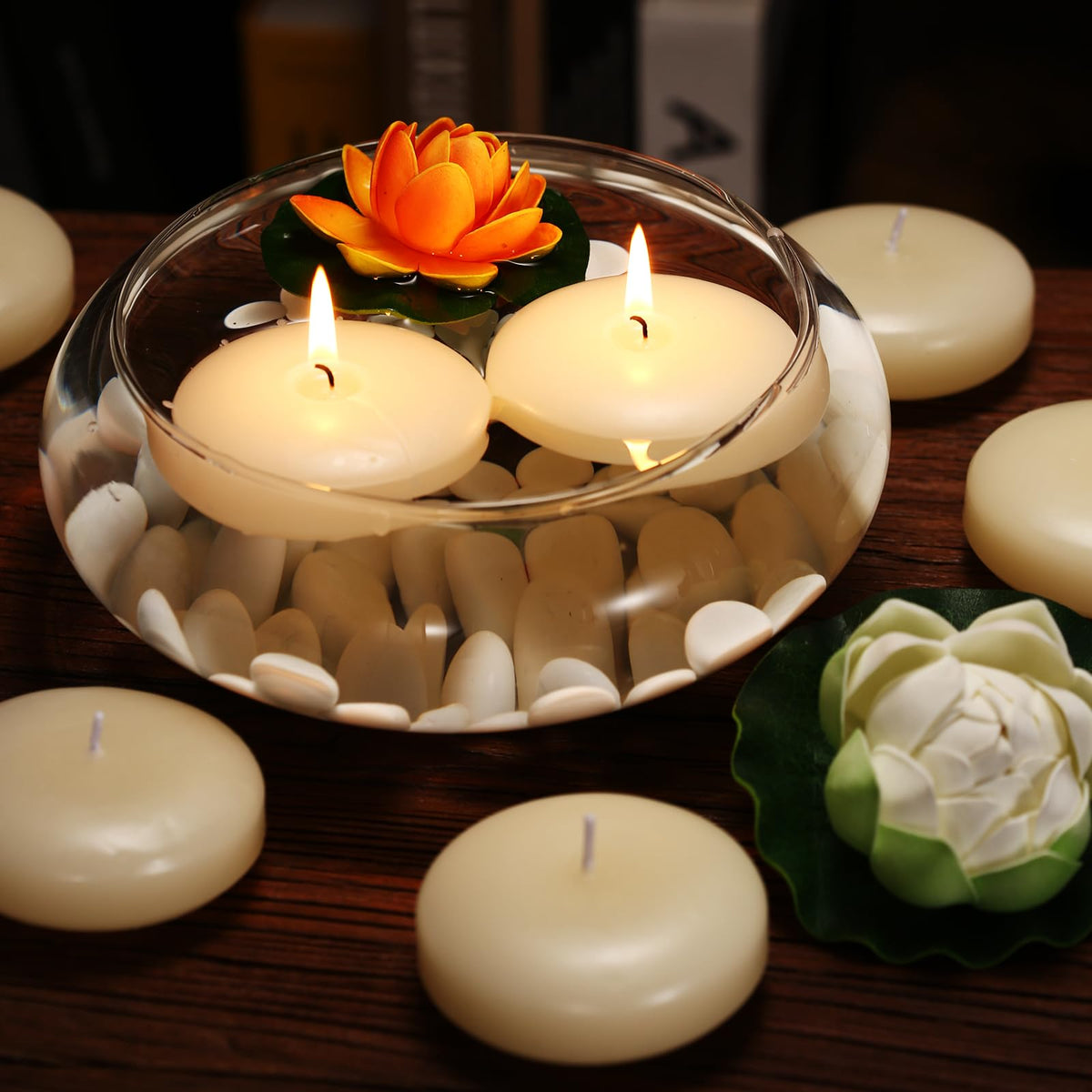 KNOURT 12 Pack Floating Candles, 3” Ivory Unscented Dripless Wax Burning Candles, for Weddings, Party, Cylinder Vases, and Home Decorations…