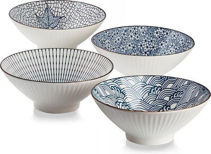 QINLANG 38 oz Japanese Ramen Bowls, Ceramic Set of 4 for Cereal, Soup, Pho, Noodles - Blue and White, 8 Inches