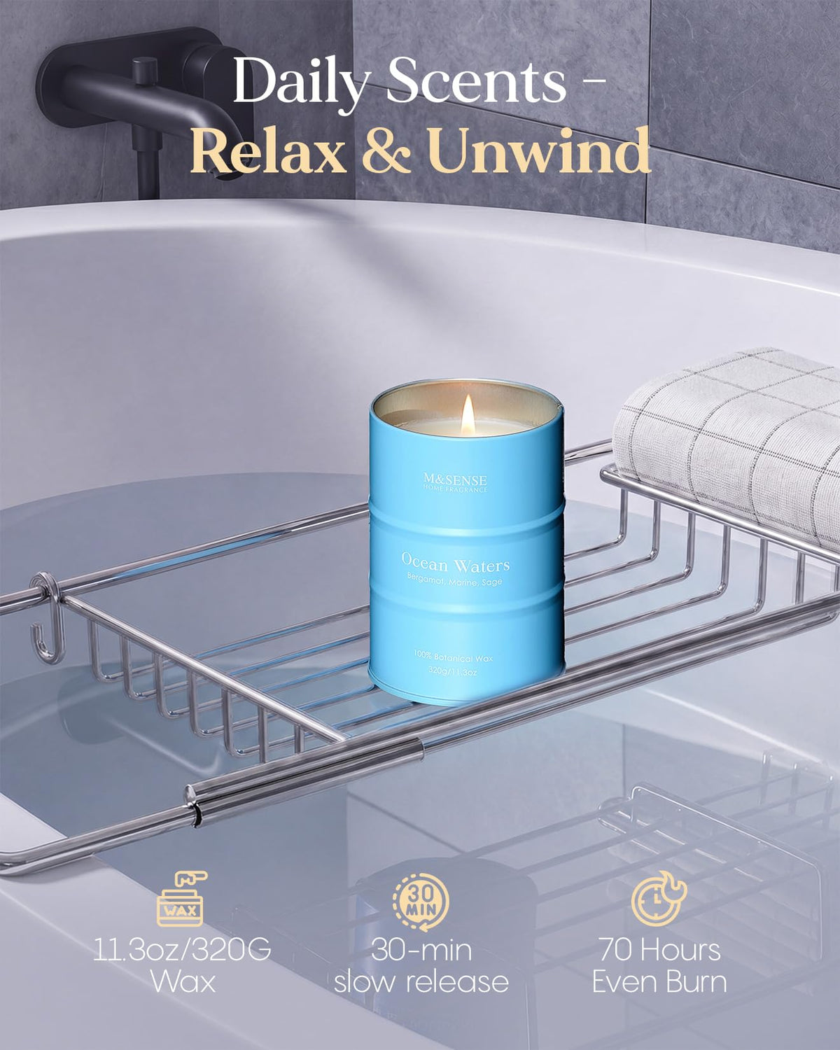 M&SENSE Ocean Waters Scented Candles Summer Soy Candle,Beach Candle for Stress Relief Meditation Relaxing, Housewarming Gifts for Women Men, 11.3oz 70 Hour Long Burning
