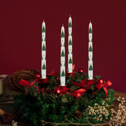 Floral Taper Candles 10 Inch Tall Unscented Handmade Christmas Trees Print Long Burning Elegant Candlesticks for Holiday Decor Gifts