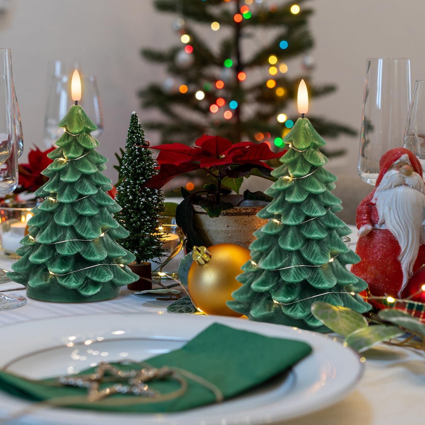 DRomance Christmas Tree Flameless Candles String Lights with 10-Key Remote and Timer, 2 Pack Green Real Wax Battery Operated 3D Wick LED Flickering Candles Dinner Holiday Indoor Decor(3" x 7.1")