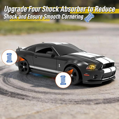 YONCHER RC Drift Car Remote Control Car for Kids Ford Mustang Shelby GT500 Officially Licensed 1:24 20KM/H 4WD with Lights Fast Racing Toy Car for Boys Girls Black