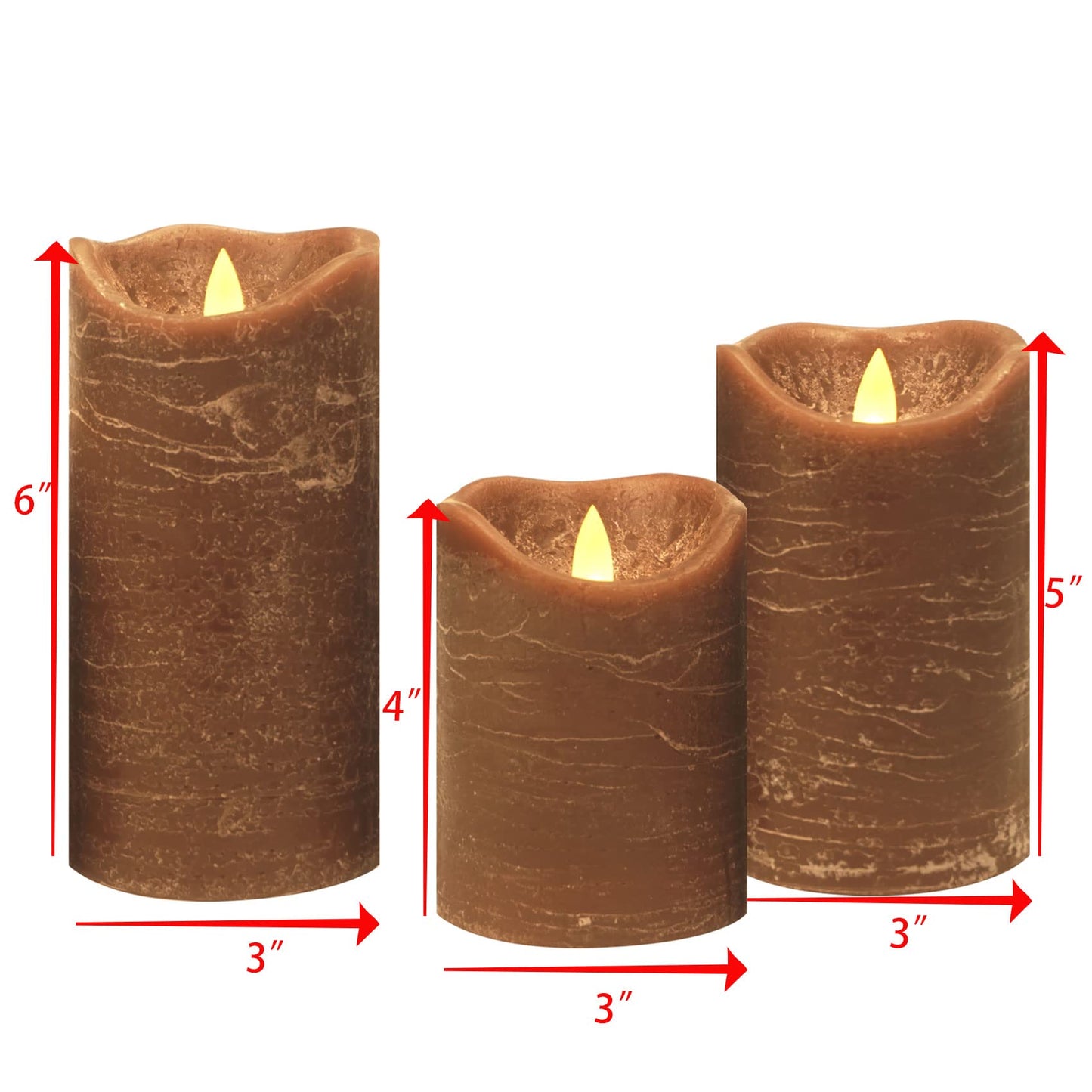 CANDLE CHOICE Battery Operated Flameless Candles with Timer Real Wax Realistic Flickering Electric LED Pillars Automatic Built-in Daily Cycle Timer 6-Hour on 18-Hour Off Set of 3 Rustic Texture Brown