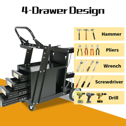 MAYNIYJK Welding Cart wit 4 Drawers, Heavy Duty Rolling Welder Cart with Wheels Handles and Gas Tank Holder, for TIG MIG Welder and Plasma Cutter, Black