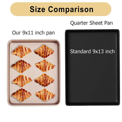 Barlket Small Cookie Sheet Pan 9x11 Inch, Nonstick Baking Tray 2-Pack, 0.8mm Thick Heavy Duty Carbon Steel, Gold – Oven Safe, Easy Clean, Bakeware Sets for Cookies, Roasting