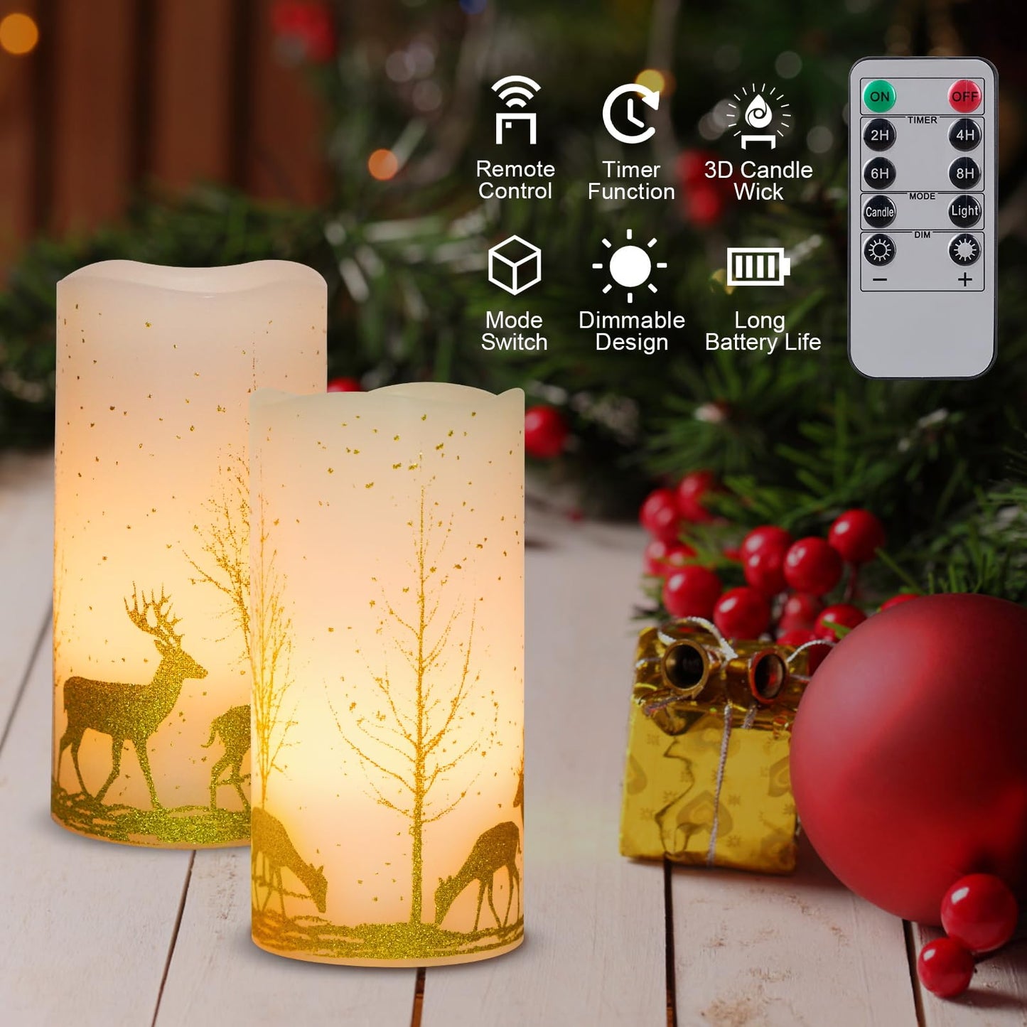 2Pack Christmas LED Flickering Flameless Candles, Battery Operated Wax Candles with Timer Remote, Flameless Pillar Candles with Forest Deer Decal for Home Decorations Christmas Gifts [Gold, 3"X6"]
