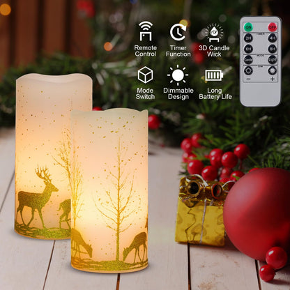 2Pack Christmas LED Flickering Flameless Candles, Battery Operated Wax Candles with Timer Remote, Flameless Pillar Candles with Forest Deer Decal for Home Decorations Christmas Gifts [Gold, 3"X6"]