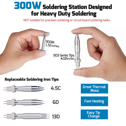 WEP 939D+IV 300W Heavy Duty Soldering Iron for Stained Glass, Larger Electronic Projects, PID Temp. Controlled LED Solder Station with 3 Quick Change Tips, Detachable Handpiece, 3 Pre-set Channels