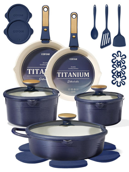 CAROTE 17Pcs Titanium Pots and Pans Set, Cookware Set Nonstick, Kitchen Cooking Set with Detachable Handle, RV/Camping Cookware, Dishwasher/Oven Safe, Grey