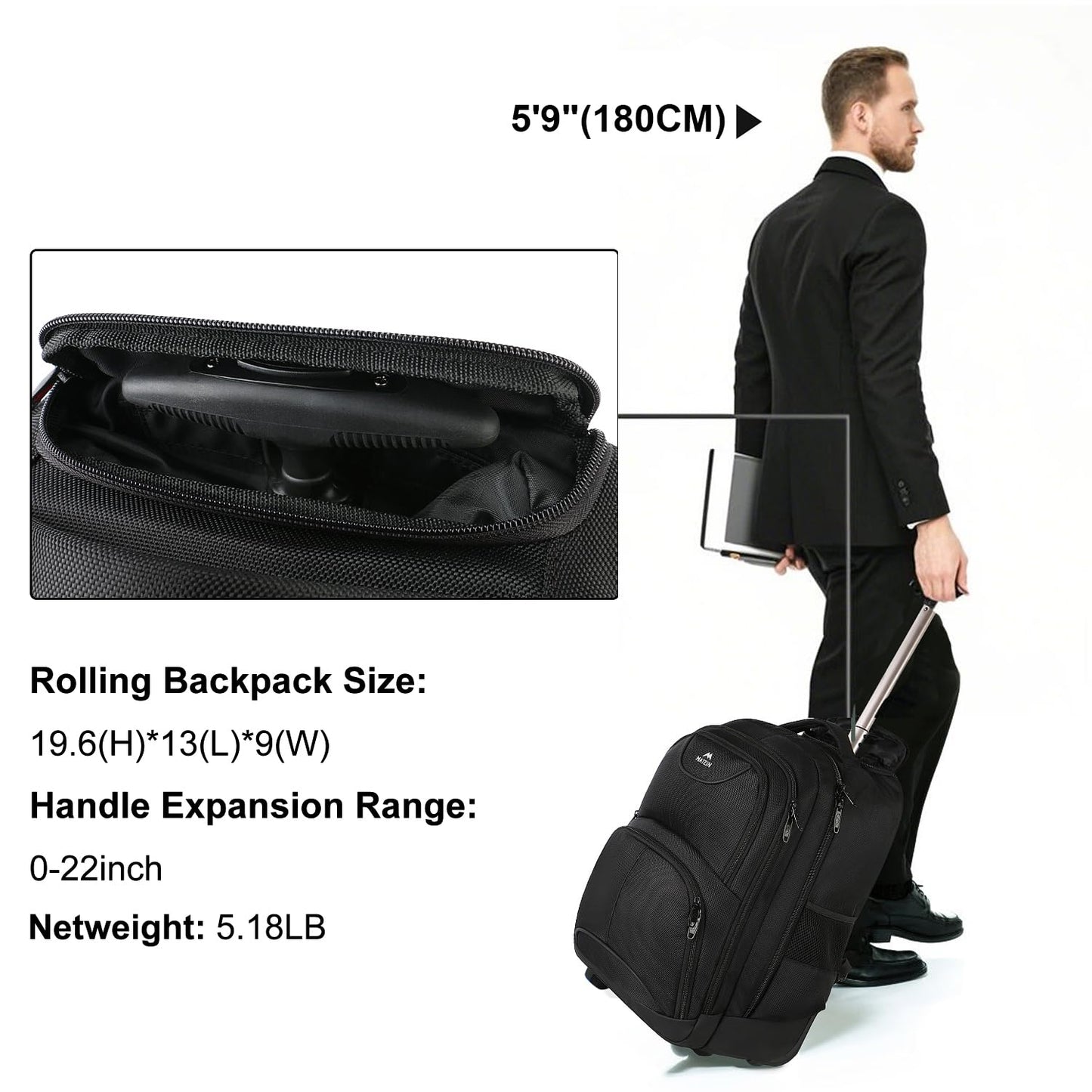MATEIN Rolling Backpack, 17 inch Water Resistant Wheeled Laptop Backpack, Carry on Luggage Business Bag, Overnight College Computer Bag Trolley Suitcase for Men Women Adults to Travel, Black