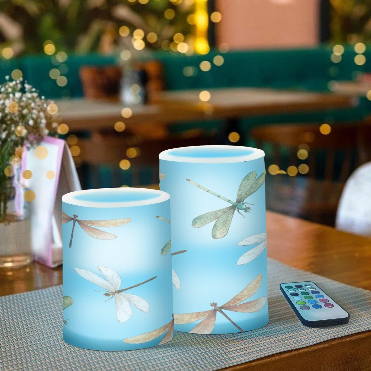 GUIJI Dragonfly Flameless Candles With Remote - Set of 2 Battery Operated Pillar Candles for Home Decoration, Christmas, Party