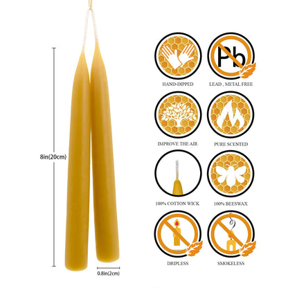 8 inch Natural Beeswax Taper Candles Set of 2, DEYBBY Smokeless and Dripless Organic Natural Beeswax Candles for Home Dinner Decor Emergency Housewarming Gift, Long Lasting Burning, Nontoxic
