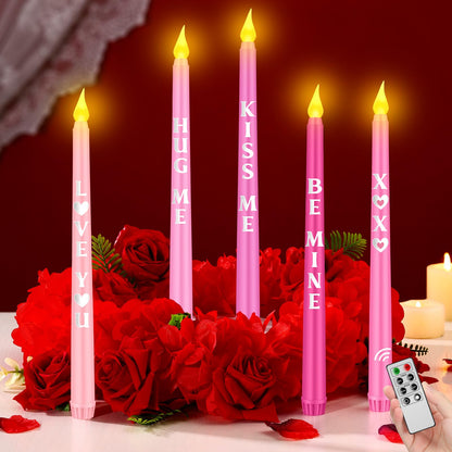 Aurelema 5 Pcs Valentines Day LED Flameless Candle Set Valentine Day Conversation Flameless Taper Candles with Words Battery Operated Seasonal Celebration with Remote for Wedding Romantic Night