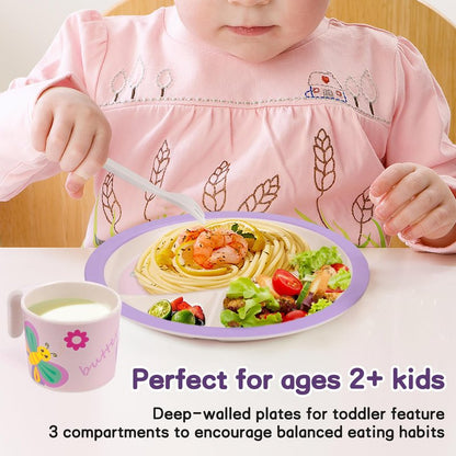 PHEENOWL Kids Dinnerware Set, Includes Toddler Plate Bowl Tumbler and Utensils, BPA Free Bamboo Fiber Material Perfect for Little Girls (Purple - Butterfly Theme)