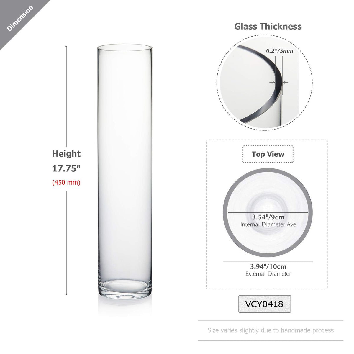 WGVI Quality Thick Weighted Tall Clear Cylinder Glass Vases, 4" W x 18" H, Flower Arrangement Floating Candle Holders Wedding Centerpieces Event Floral Container Display Decor, Bulk Wholesale, 6 Pcs