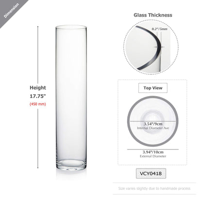 WGVI Quality Thick Weighted Tall Clear Cylinder Glass Vases, 4" W x 18" H, Flower Arrangement Floating Candle Holders Wedding Centerpieces Event Floral Container Display Decor, Bulk Wholesale, 6 Pcs
