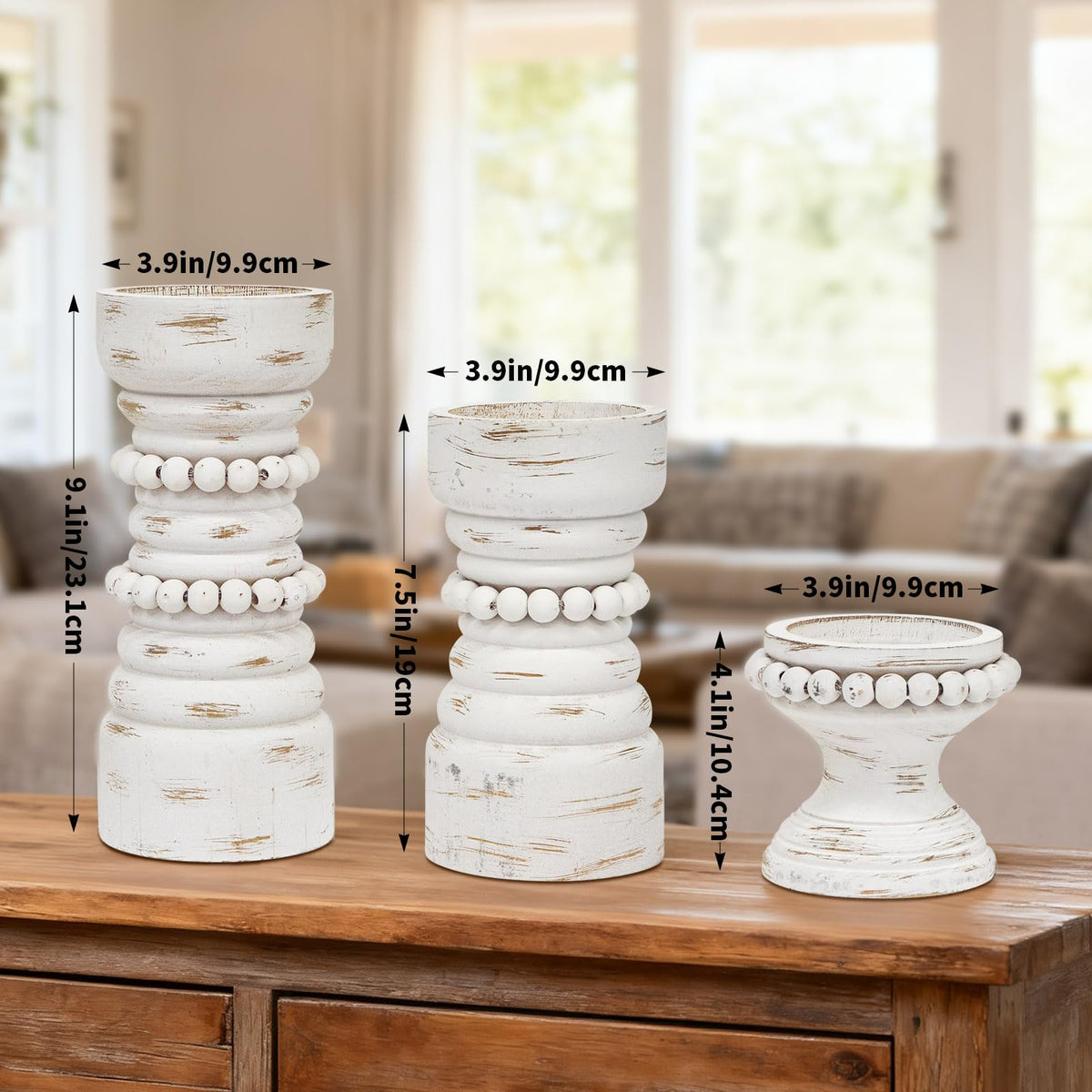 MODE HOME Rustic White Wood Candle Holders Set of 3, Farmhouse Beaded Wood Pillar Candle Holder, Candle Holders for Pillar Candles & Candlesticks, Candle Sticks Holder Decor for Table Centerpiece