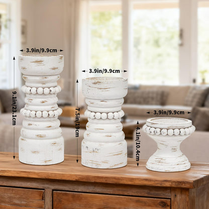 MODE HOME Rustic White Wood Candle Holders Set of 3, Farmhouse Beaded Wood Pillar Candle Holder, Candle Holders for Pillar Candles & Candlesticks, Candle Sticks Holder Decor for Table Centerpiece