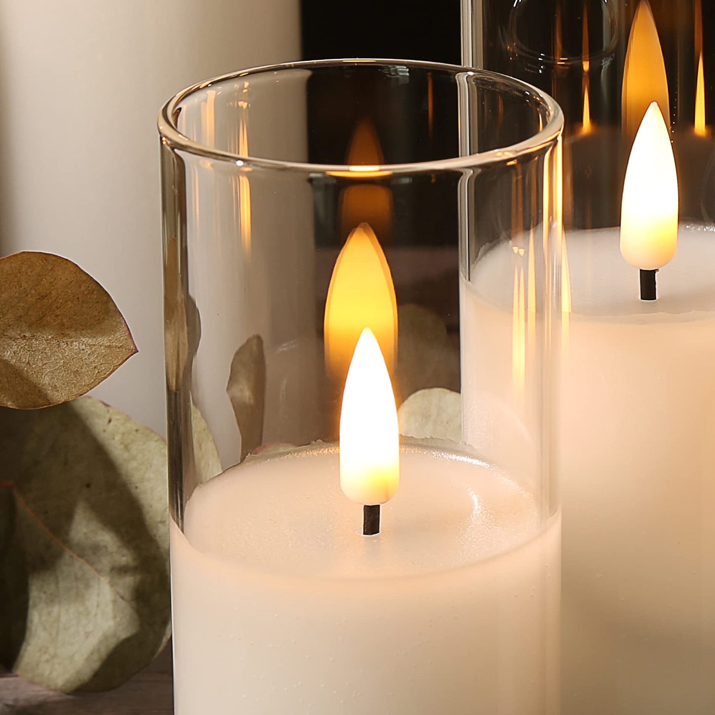 Eywamage Clear Glass Flameless Candles with Remote Batteries, Slim Tall LED Pillar Candles Battery Powered, Set of 5