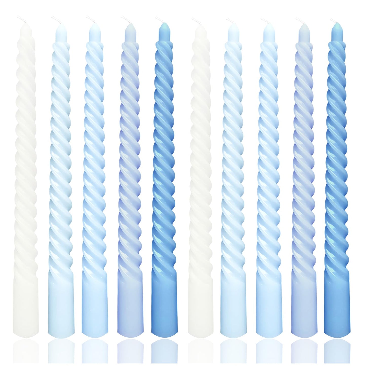 10 Inch Gradient Blue Spiral Taper Candle Set, 10 Pack Unscented Dripless Candlesticks for Dinner Party Brithday Wedding and Home Decoration