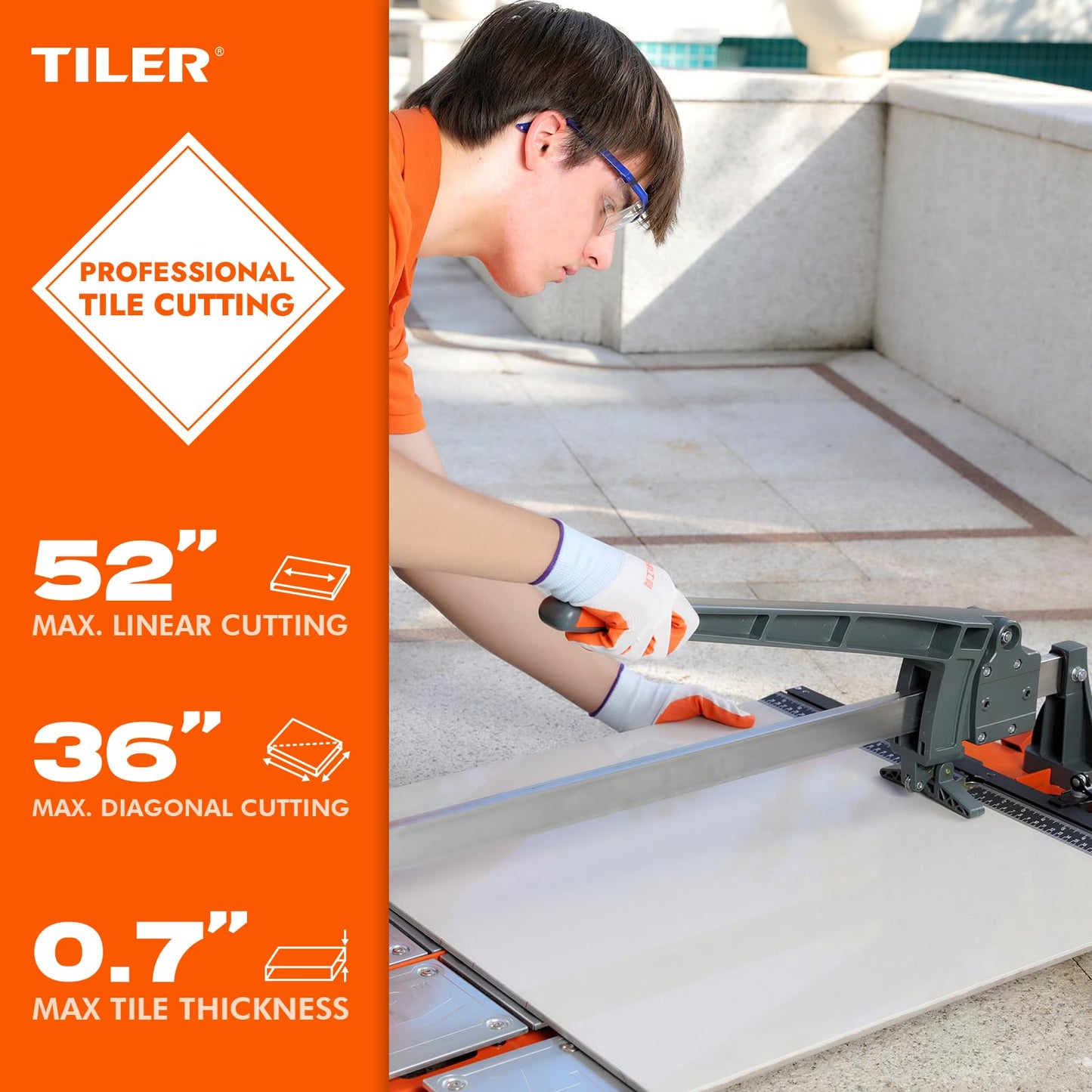 TILER 52 inch Large Format Manual Tile Cutter, Professional Porcelain Ceramic Speedy Rocket Tile Cutter with Transport Handle and Wheels, Steel Wide base, Movable Extension Arm 8102G-3Y