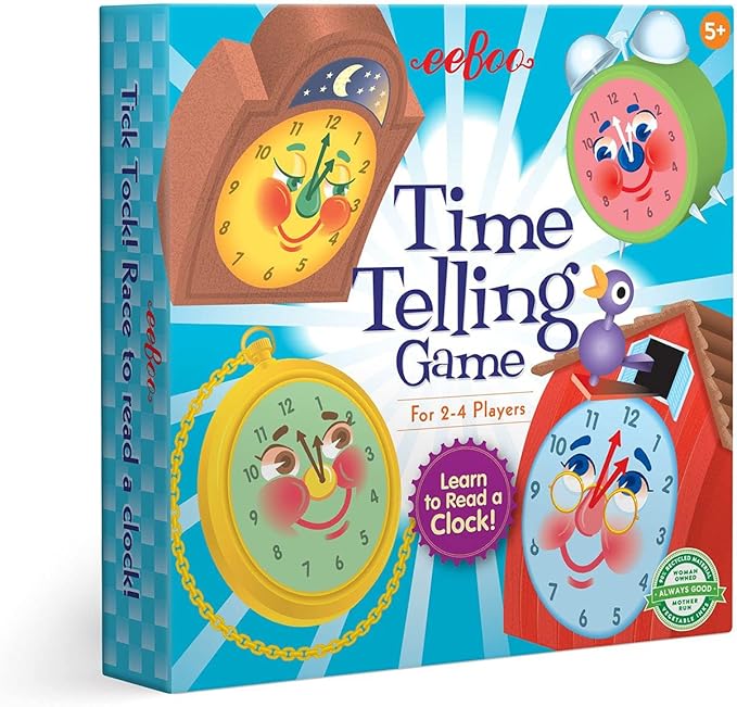 eeBoo Time Telling Game Develops Time Telling Skills Learn to Read a Clock Includes a Score Pad 4 Clocks and 50 Game Cards for 2 to 4 Players Perfect for Ages 5 and up
