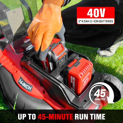 EWORK 40V Electric Lawn Mower Cordless, 14" Electric Push Mower with 2x4.0Ah Batteries & Charger, 3800RPM Motor, 6-Height Adjustment, 21Lbs Lightweight Battery Powered Lawnmower for Garden, Small Yard