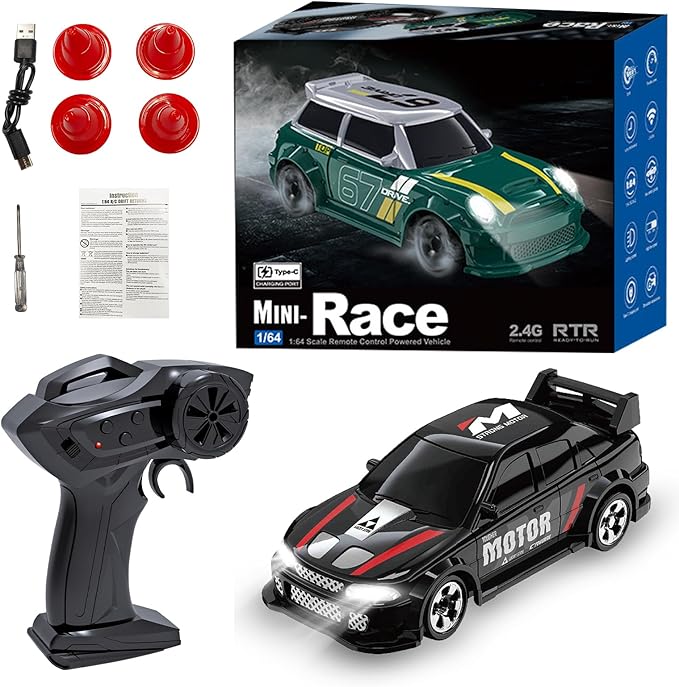 1:64 Scale Mini RC Drift Car 2.4GHz 4WD Desktop RC Drift Car Handheld Racing Mini Vehicle with LED Lights Speed Switching Racing Sport Toy for Adults Teens (Black)