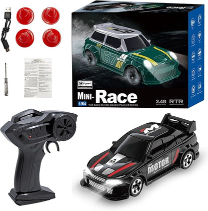 1:64 Scale Mini RC Drift Car 2.4GHz 4WD Desktop RC Drift Car Handheld Racing Mini Vehicle with LED Lights Speed Switching Racing Sport Toy for Adults Teens (Black)