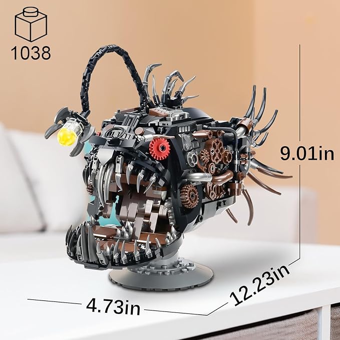 Mechanical Lantern Fish Building Set Creative Sea Animal Building Blocks Toys with Light Home Office Decor Toy Gift for Adults Teens Ocean Lovers 14+ (1038PCS)