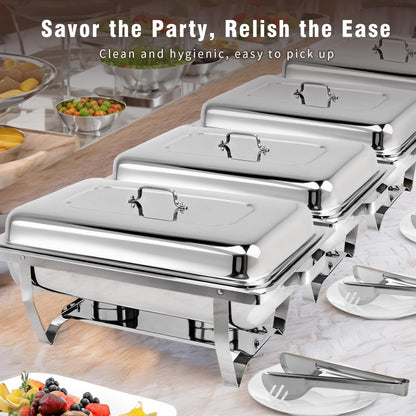 Stelora Chafing Dishes for Buffet, 9 Qt High Grade Chafing Dish Buffet Set, Rolled-Edge Design Food Warmers for Parties, Buffet, Wedding, Birthday, Camping 4 Pack 12 Pans (Silver)
