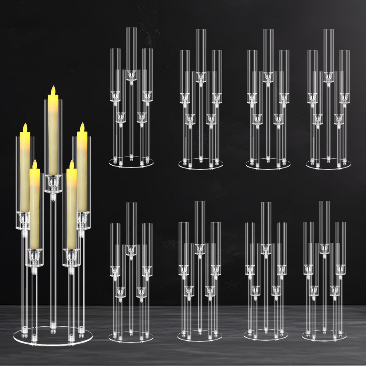 8 Sets 5 Arms Acrylic Candelabra Centerpieces for Tables,Clear Candle Holder for Wedding,Ceremony Dinner Party, 27" Tall Candlestick Holders with Lampshade,Fit LED Candle